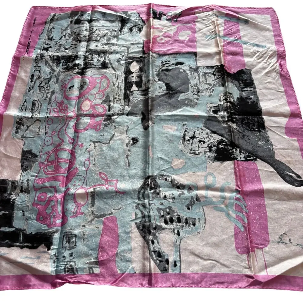 Satin Finish Silk scarf neckerchief square in pink blue modern abstract art look